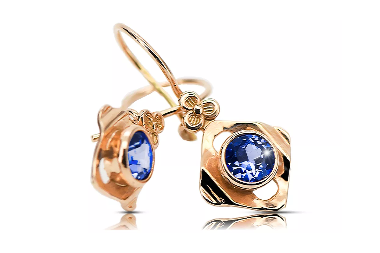 Oro rojo rosa de 14 quilates 14k 583 Sapphire pendientes vec017r Ruso Soviético URSS Artesanía vintage Art Deco style